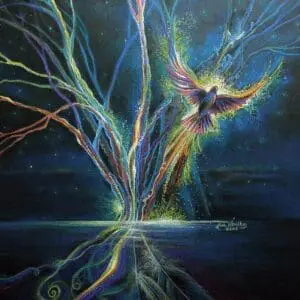 A vibrant bird with colorful trails flying over water at night.