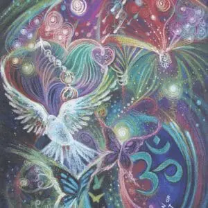 Colorful spiritual artwork featuring a white dove and cosmic elements.
