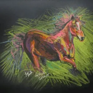 A colorful pastel drawing of a horse galloping through grass.