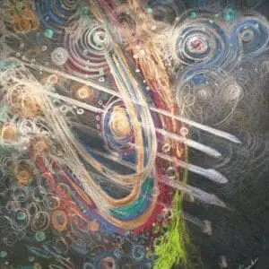 Colorful spiral chalk art with white lines on pavement.