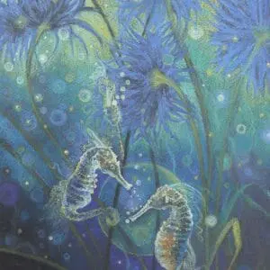 Two seahorses surrounded by blue flowers and bubbles in an underwater scene.