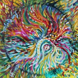 Vibrant abstract painting with colorful swirling patterns and dynamic brushstrokes.