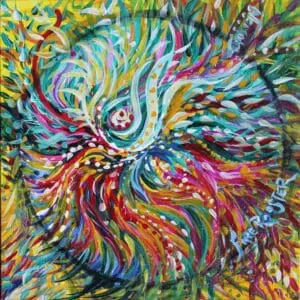 A vibrant, swirling abstract painting with dynamic colors and patterns.