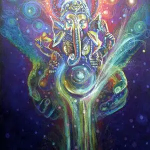 A vibrant, cosmic painting of hands holding a glowing orb with an elephant-headed figure above.