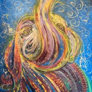 Abstract colorful swirl painting with vibrant blue background.