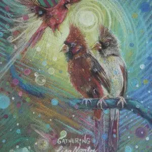 A colorful bird perched on a branch with swirling artistic background.