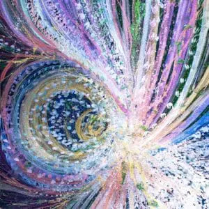 Abstract spiral of colorful dots and lines creating a dynamic vortex effect.