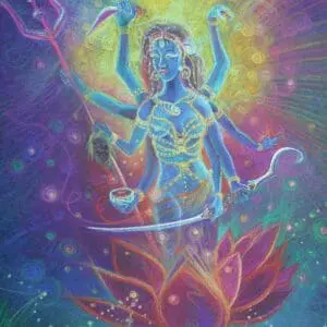 Divine blue-skinned deity with multiple arms, standing on a lotus flower amidst vibrant cosmic colors.