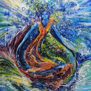 Abstract painting of a swirling, colorful fish in water.
