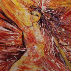 Vibrant abstract painting of a woman blending into fiery, swirling colors.