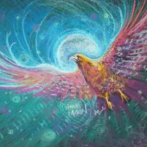 A vibrant, colorful phoenix rising with swirling cosmic energy.