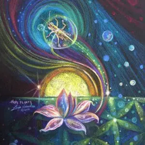 A luminous lotus blooms beneath a celestial dance and swirling cosmic colors.