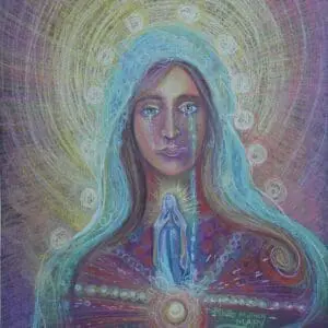 A mystical figure with glowing aura and hands in prayer.