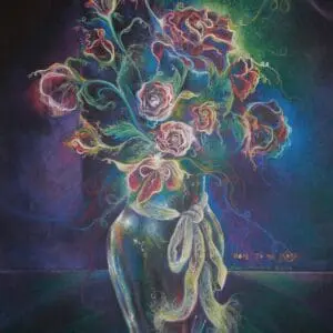 Colorful abstract floral bouquet in a glass vase.