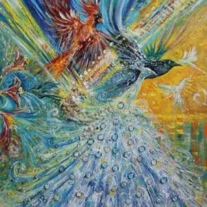 A vibrant painting of a phoenix and a peacock intertwined in colorful motion.