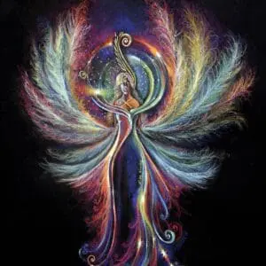 A vibrant, abstract phoenix with colorful, fiery feathers against a dark background.