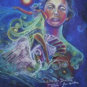 Image of Isador Duncan -the Founder of Modern Dance, showing her dancing with a sun and a swan