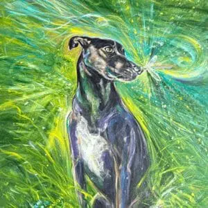 A sleek black dog sits gracefully against a vibrant green and yellow abstract background.