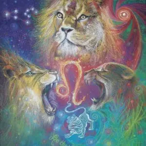 A mystical lion and cub amidst cosmic and colorful swirls.