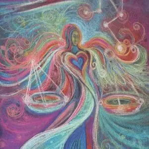 Abstract figure balancing scales with vibrant heart and colorful energy swirls.