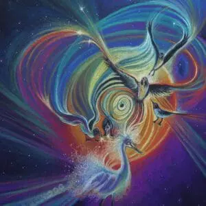 A colorful, surreal cosmic figure with swirling patterns and radiant energy.