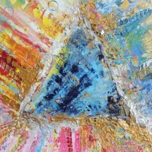 Abstract triangular shape with vibrant colors and textured brushstrokes.
