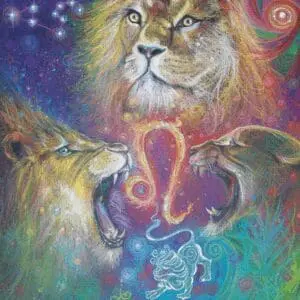 Surreal painting of three lions and a cosmic background with vibrant colors.