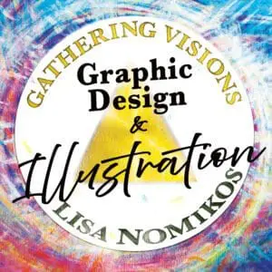 Colorful circular logo for Lisa Nomikos, specializing in graphic design and illustration.