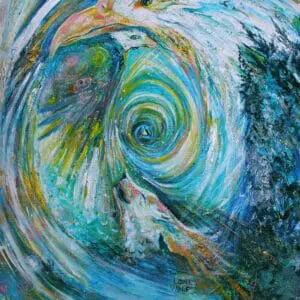 An abstract painting with swirling blue and green vortex patterns.