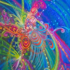 Colorful abstract swirls and patterns on a vibrant blue background.