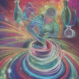 A vibrant, surreal scene of a person stirring a cosmic whirlpool surrounded by floating bottles.