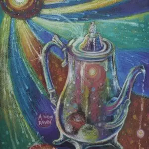 Colorful teapot with a cat inside against a vibrant cosmic background.