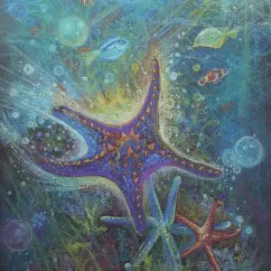 Colorful starfish and underwater creatures in a vibrant ocean scene.