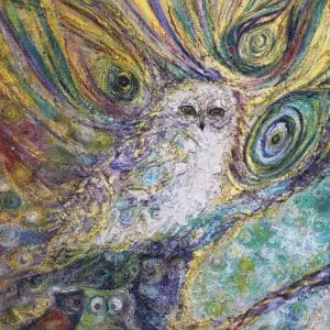 Colorful owl painting with swirling, peacock-like feathers and expressive eyes.