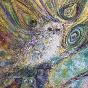 Colorful abstract painting of an owl with swirling patterns and vibrant hues.