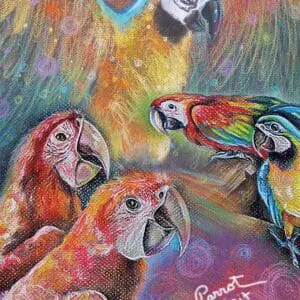 Colorful painting of four parrots with vibrant feathers and expressive eyes.