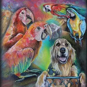 A joyful dog surrounded by colorful parrots in a vibrant, artistic setting.
