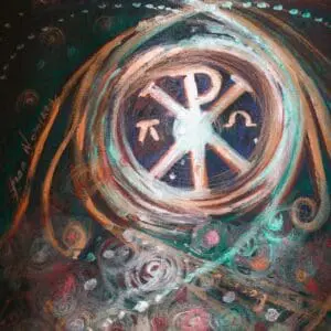 A radiant symbol resembling the Chi-Rho with intricate, glowing swirls.
