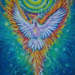 A dove flying above water with its wings spread and a phoenix with wings spread directly behind it.