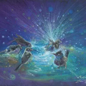 Surreal cosmic hands emerging from water, reaching towards a glowing celestial burst.