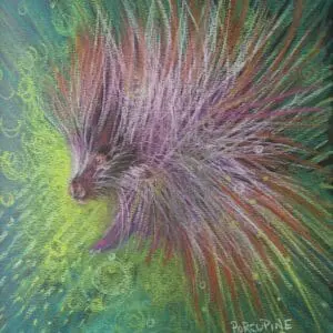 Vibrant porcupine with colorful quills against a green background.