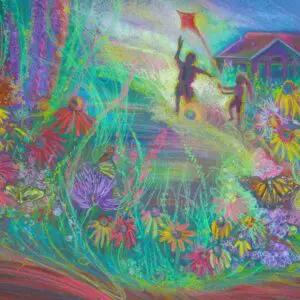 A vibrant prarie or garden scene with children playing and colorful flowers.