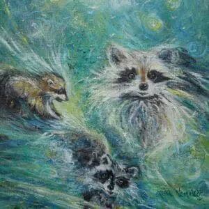 A raccoon emerging from water with a snarling animal behind it.