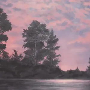 Tranquil lakeside at sunset with pink clouds and silhouetted trees.
