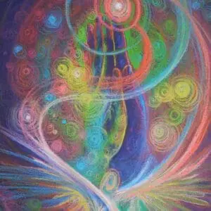 A colorful abstract painting with swirling shapes and vibrant hues.