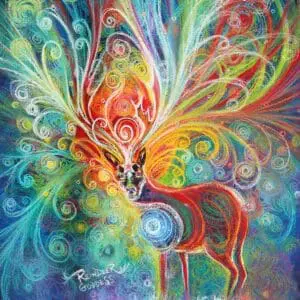 Colorful, surreal painting of a deer with swirling patterns and vibrant wings.