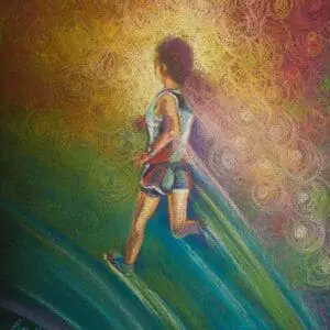A child running with a glowing, surreal background of swirling colors.