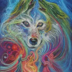 spirit of the wolf and surrounding wolves floating up from the center or a campfire where women dance