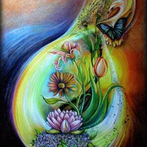Surreal painting of a pregnant belly with flowers and a face.