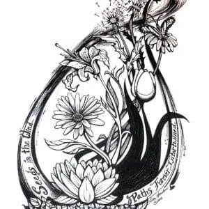 Intricate black and white floral and musical design with detailed flowers and swirling lines.